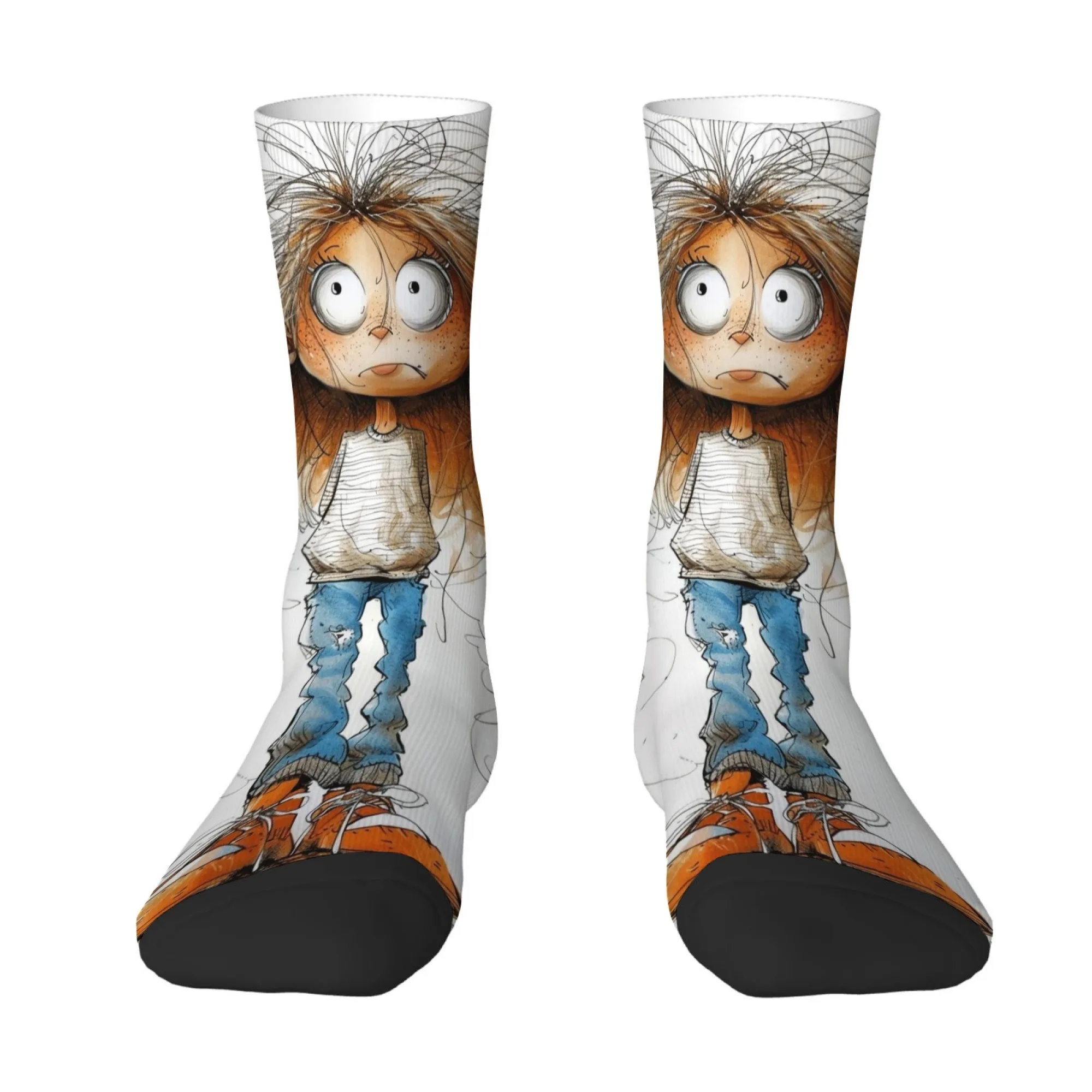 Calcetines a media pantorrilla con estampado de niña pintado a mano, novedosos, fantasiosos y lindos, modernos y elegantes, suaves y cómodos para el día a día y para estar en casa.