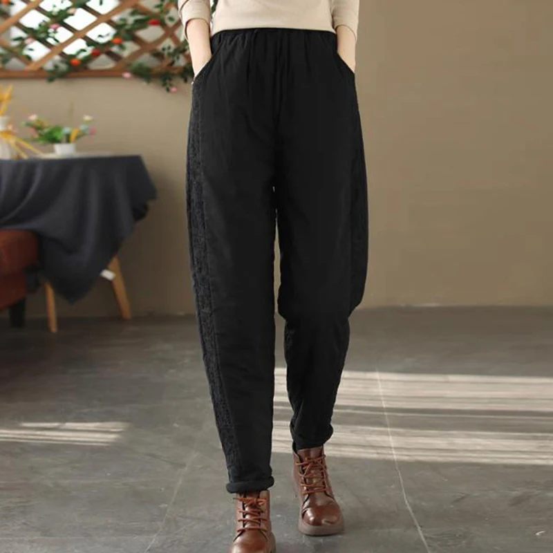 Retro patchwork embroidered cotton pants for women in winter stylish age reducing slimming and warm Harun pants