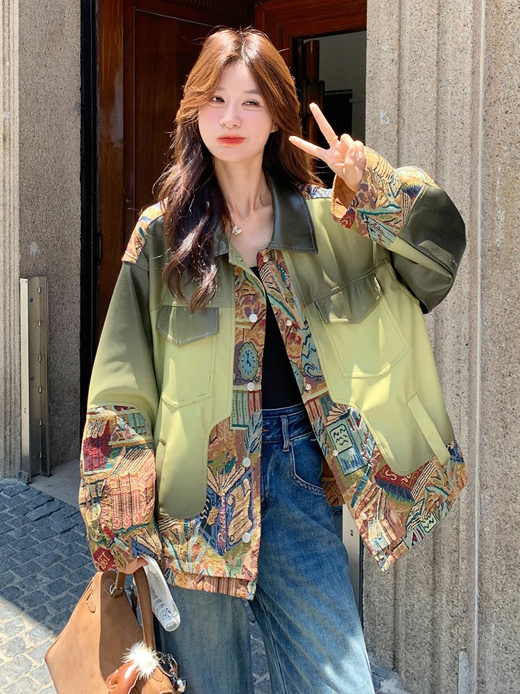 2025 Spring and Autumn New Pink Ethnic Print Leather Jacket Green Long Sleeve Turn-down Collar Loose Casual Leather Jacket