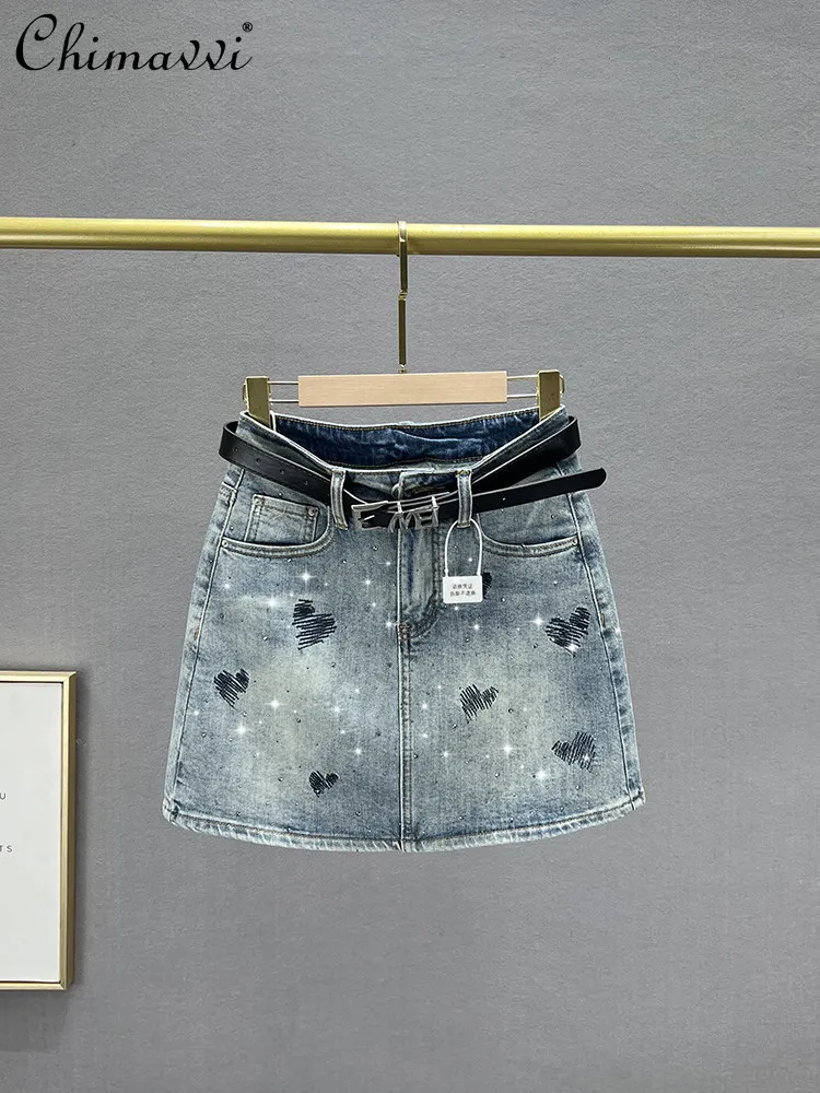

Heavy Rhinestone Denim Skirt for Women Spring and Summer New Fashion High-waisted Slim A-line Elegant Bodycon Short Skirt