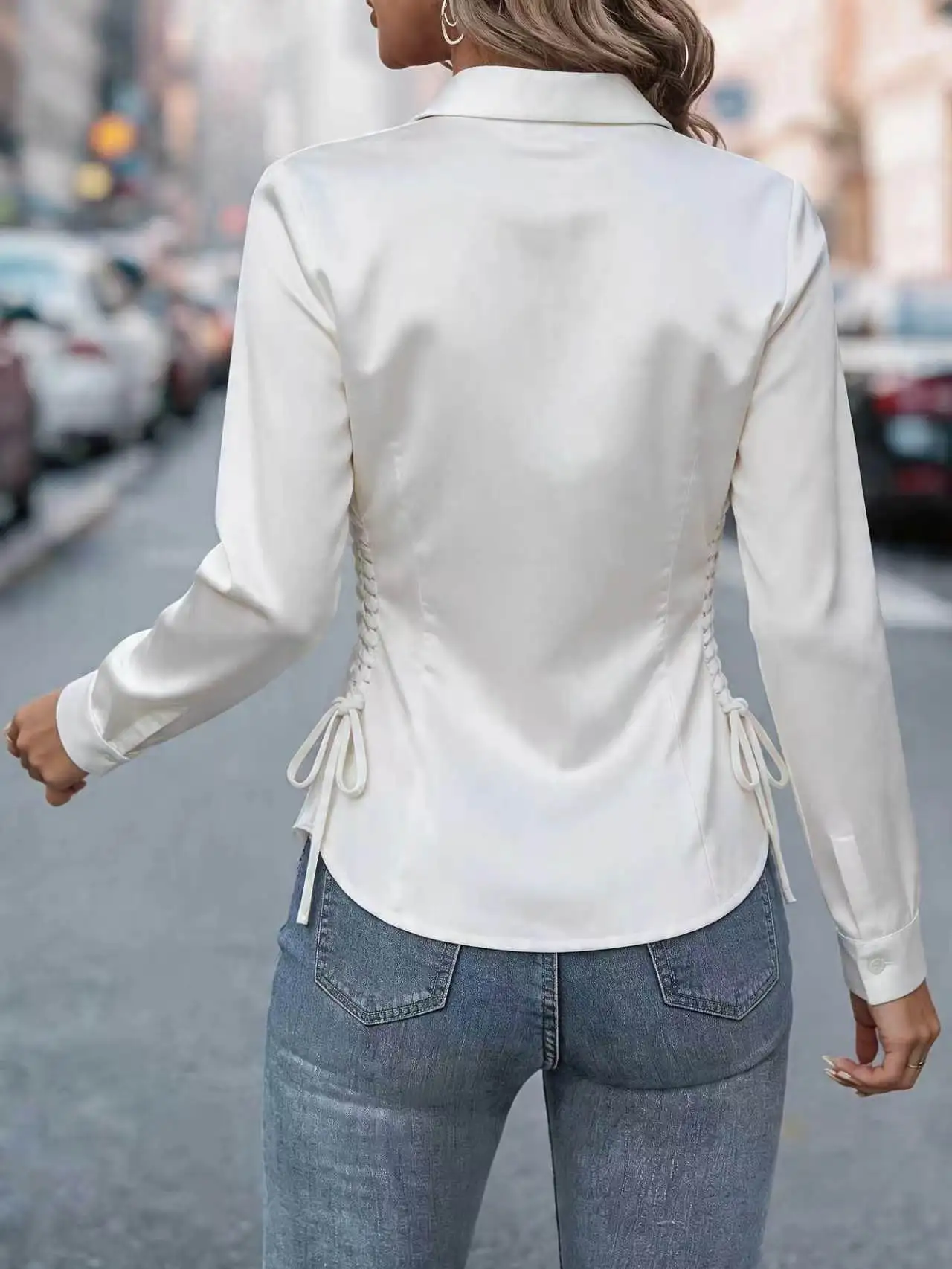 Women Satin Blouse Long Sleeve Turn Down Collar Side Drawstring Ruched Slim Fit Office Casual White Formal Shirt Elegant