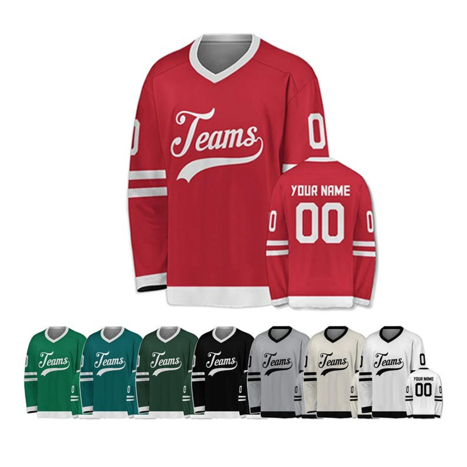 Personalized Youth Kids Ice Hockey Jersey Custom Printed Hockey Shirt with Team Name Number V-Neck Long Sleeves Sportswear S-XL