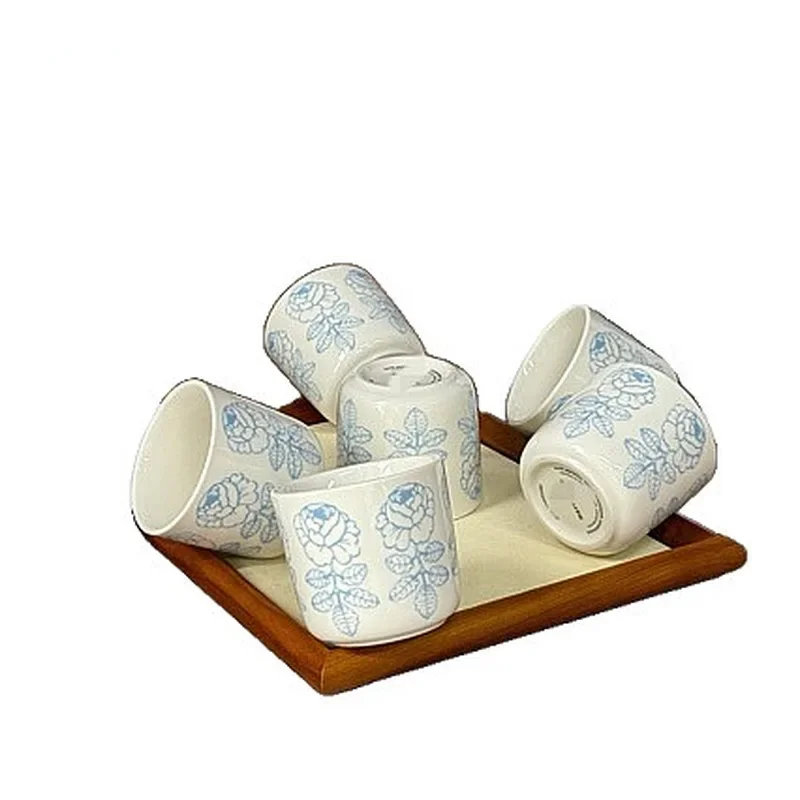Limited Edition Nordic Hand Painted Ice Blue Sketch Rose Ceramic Cup 6 Piece Set Gift Box Home Office Drinkware Collection