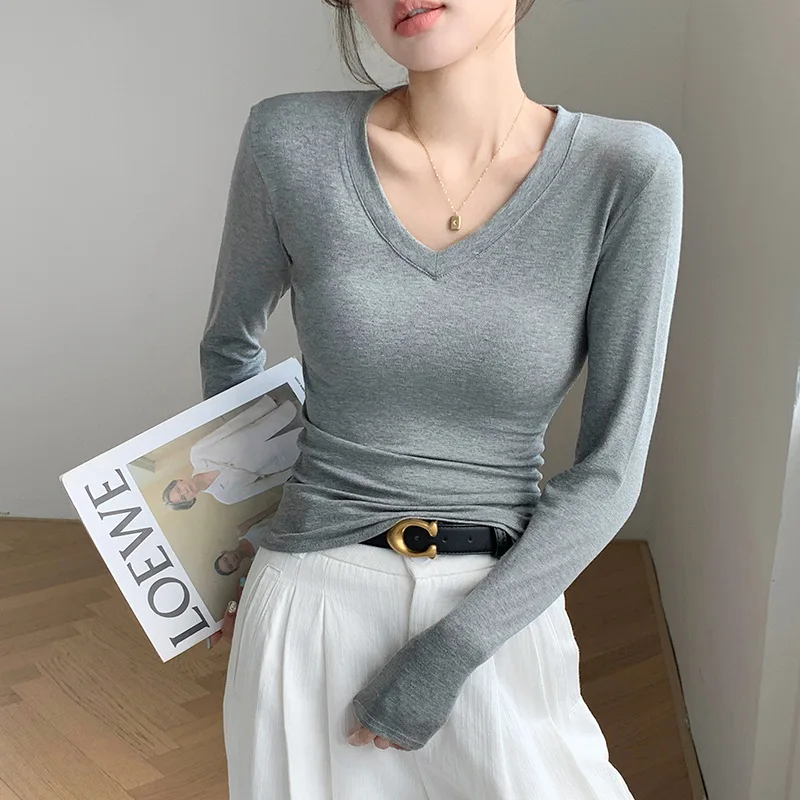 Essential V-Ausschnitt Damen Slim Fit Top Einfarbig Langarm Unterziehshirt Dehnbar Gemütlich Vielseitig Herbst Winter T-Shirt – Detail 11