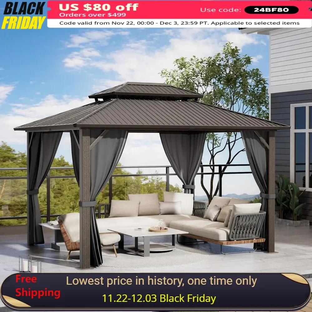 12'x16' Gazebo, Frame Canopy with Galvanized Steel Double Roof, Metal Pavilion with Netting and Curtains, Patio Hard Top Gazebo