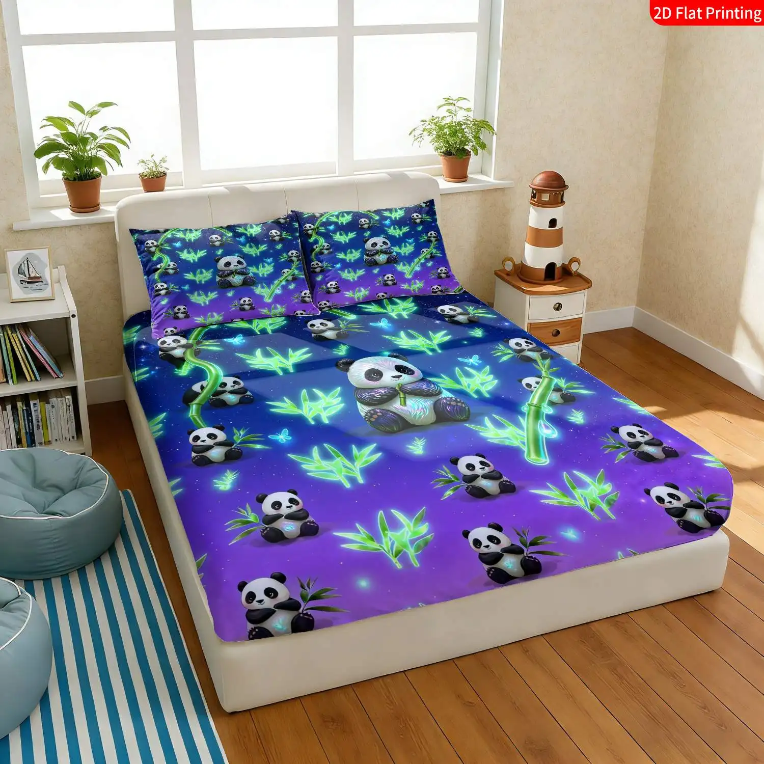 3-Piece Mattress Protector Set, 2D Flat Printed Fitted Sheet, Flat Printed Fitted Sheet, Dreamy Panda Bedding, Bamboo Leaf and Butterfly Print, Bedroom Decor, Holiday-Themed Fitted Sheet and Pillowcase, Mattress Protector, Stain-Resistant, Mattress Cover Suitable for All Seasons, Machine Washable, Easy to Care For, Suitable for Home and Bedroom Use, Essential for Dorms and Rentals, Master Bedroom and Guest Room Decor, Dust-Proof and Stain-Resistant, High Elasticity, Fits Various Sizes