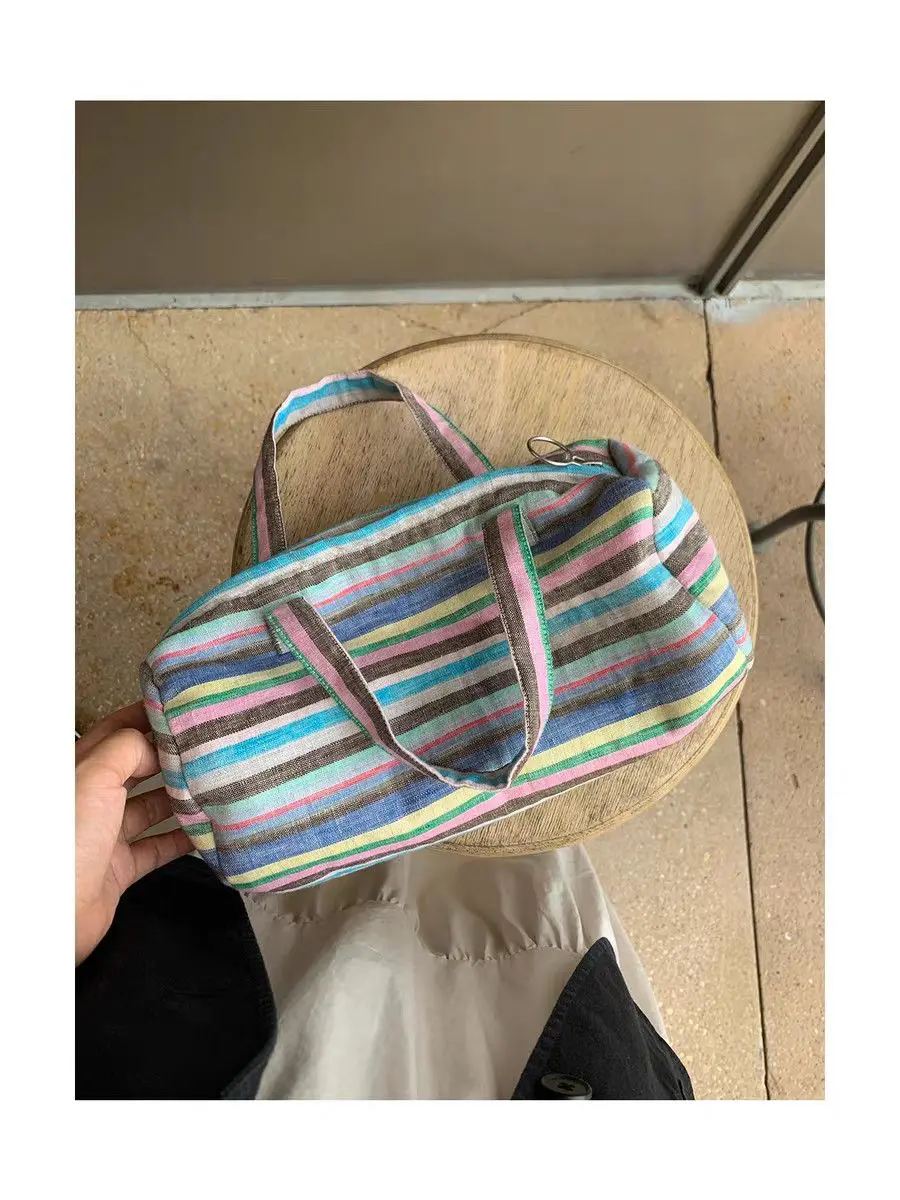 Maybekuii Colorful Striped Linen Cylinder Handbag, Handwoven Casual Bucket Tote Handheld Shoulder Purses