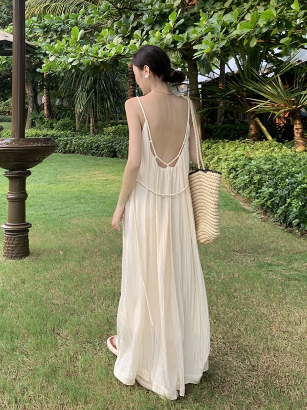 فستان صيفي بدون ظهر لقضاء العطلات على الشاطئ، تصميم فضفاض للنساء، فستان طويل بدون أكتاف على شكل حرف A، أسلوب الجزيرة الاستوائية.