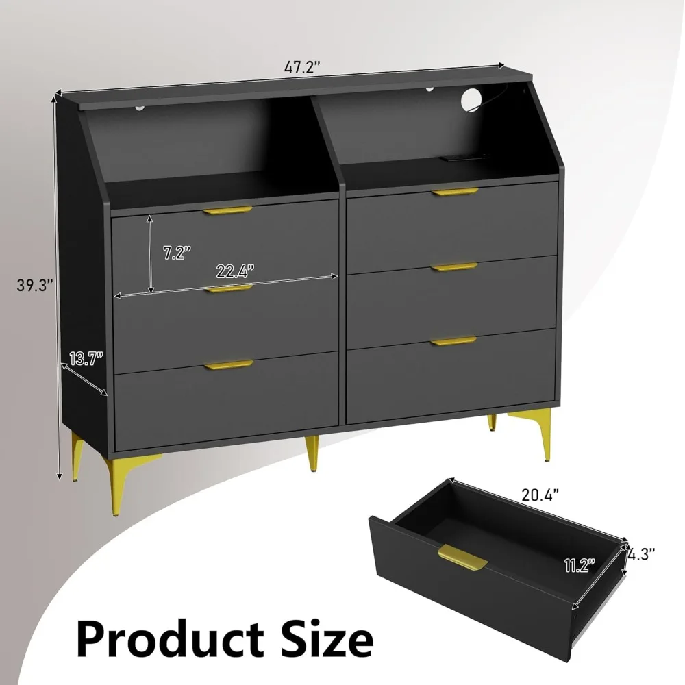 cômoda iluminada de 6 gavetas com estação de carregamento para quarto