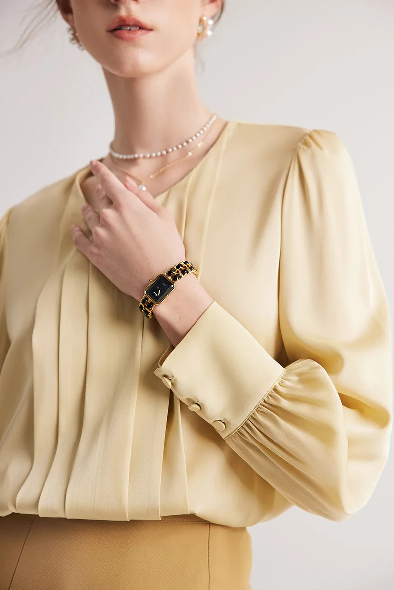 90% Silk 10% Spandex Women's Shirt O Neck Line Sleeves Pleated Elegant Fashion Blouse Tops