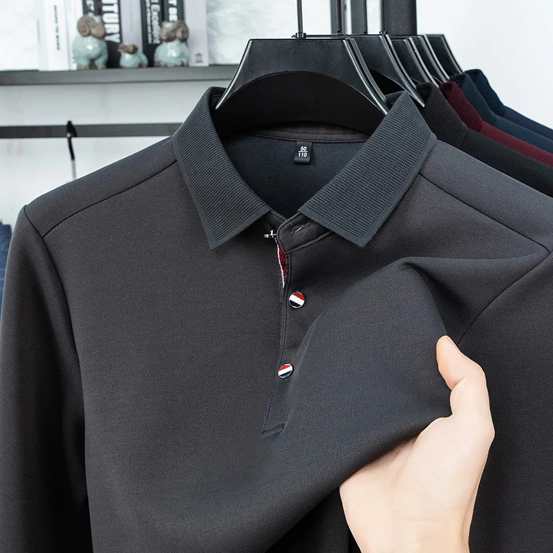 فاخر جديد قميص بولو رجالي كم طويل التلبيب بلون ربيع الخريف الأعمال مكتب عادية كلاسيكي موضة تي شيرت الرجالية #3