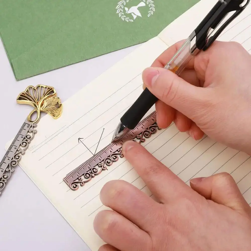 1Pc Vintage Metal Hollowed Butterfly Ginkgo Fine Carving Ruler Measuring Tool Multi-functional Straight Ruler Bookmark