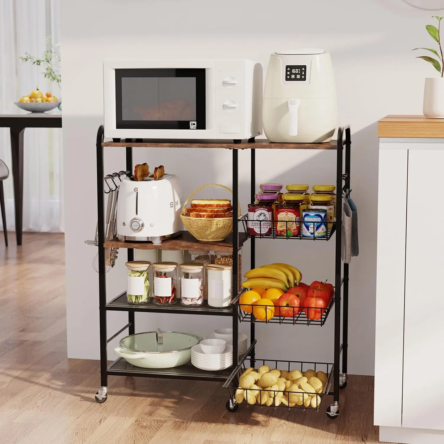 

4-Tier Rolling Microwave Cart with Pull-Out Baskets and Wheels for Kitchen, Office, or Balcony Storage