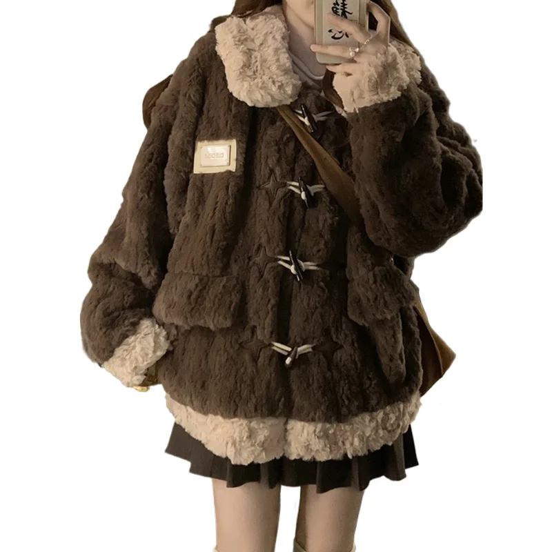 Manteau d'hiver français en fausse fourrure, couleur chocolat doux, boutons en corne, revers, mignon, chaud, décontracté, pour rendez-vous, déplacements, collège, vêtements d'extérieur