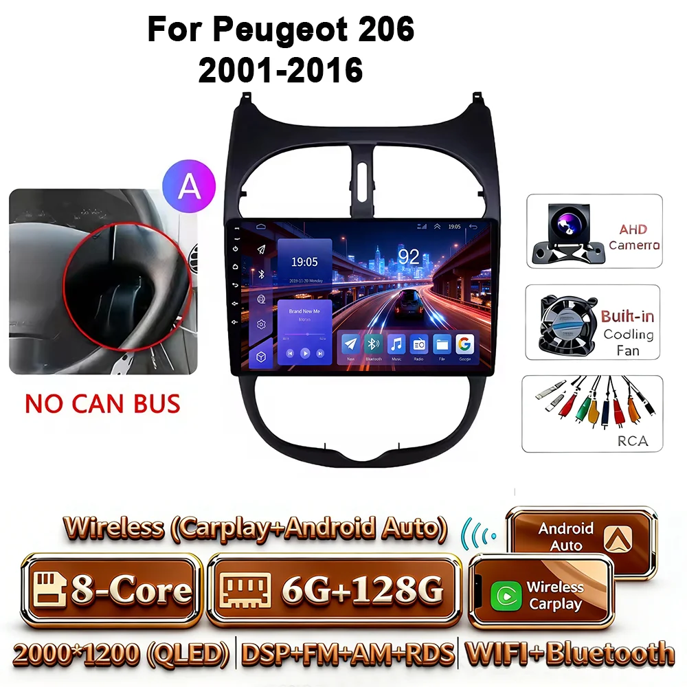 Android 17 Carplay Android Auto 4G WIFI autoradio voor Peugeot 206 2001-2016 GPS DSP BT touchscreen multimediasysteem navigatie stereo