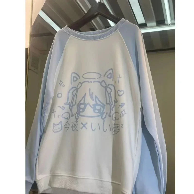 Korean Sweet Anime Print Raglan Sleeve Sweatshirts Japanese Patchwork Sudadera Y2k Hoodies Preppy Style Women Contrast Color