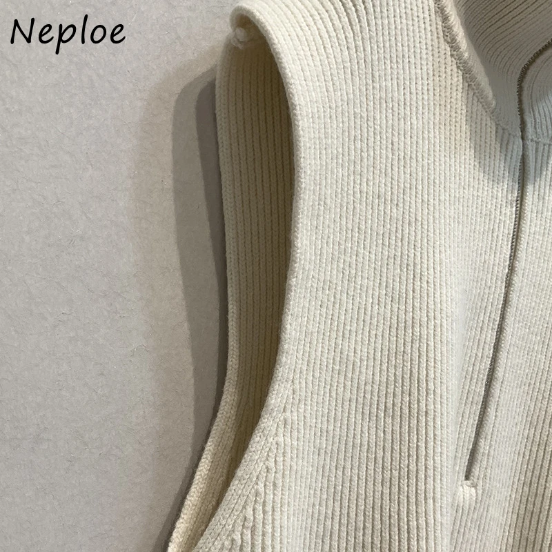 Neploe Japan Stand Collar Sleeveless Woman Sweaters Casual Loose Zip Solid Cardigan Knit Stripe Elegant Soft Sweater Vest