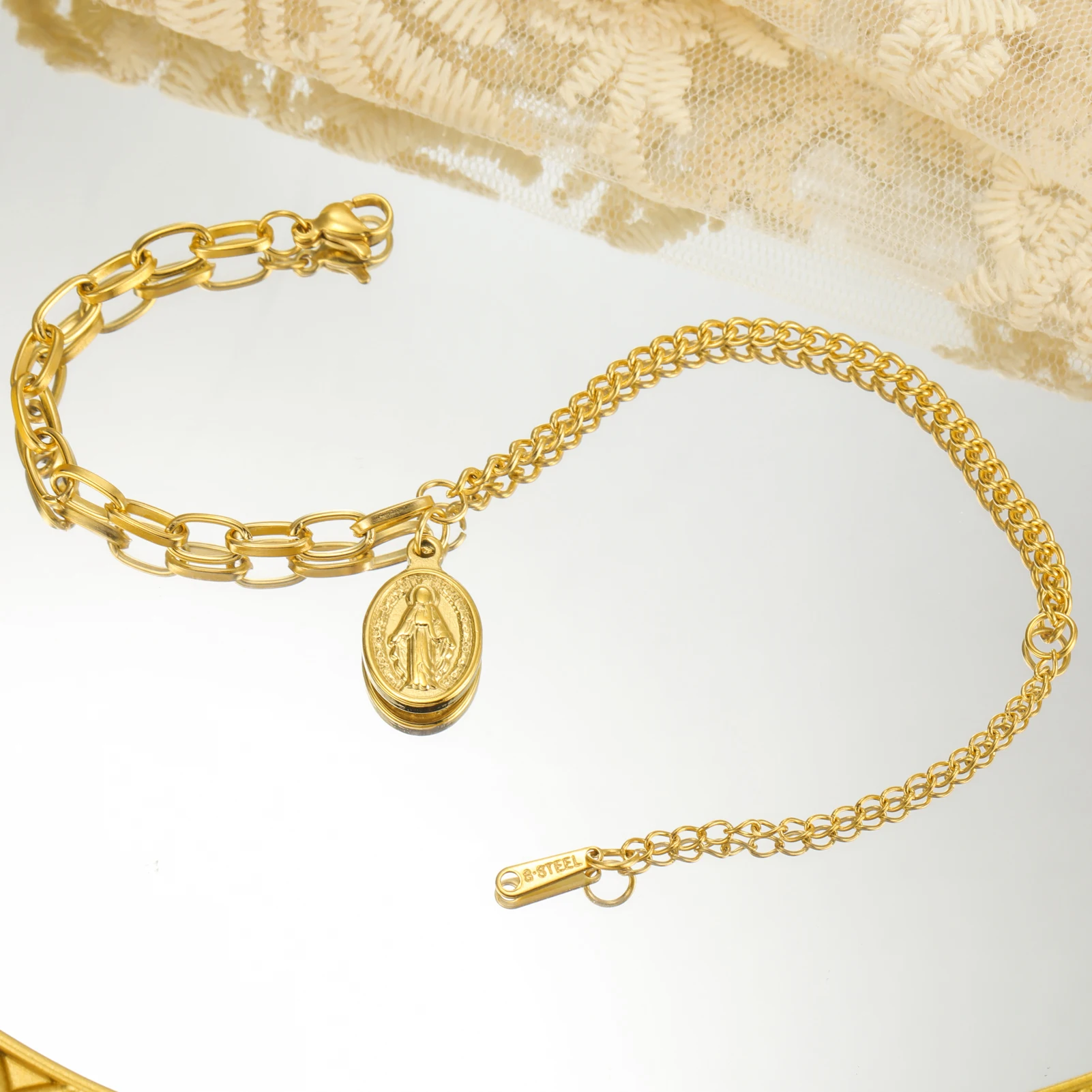Unift Vintage Mother Virgin Mary Charm Bracelet Women Gold Color Stainless Steel Bracelets Christian Catholic Religious Jewelry