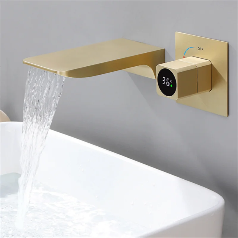 

Brushed Gold Basin Faucet,Brass Bathroom Mixer,with LED Light Temperature Ddisplay,Hot & Cold Sink Tap,In-wall Waterfall type