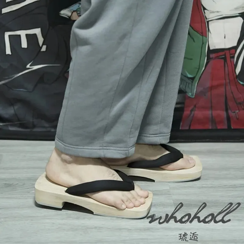

Man Flat Flip Flops Summer Man Japanese Geta Wooden Slippers Male Clogs Shoes Thick Bottom Anime Samurai Cosplay Shoes