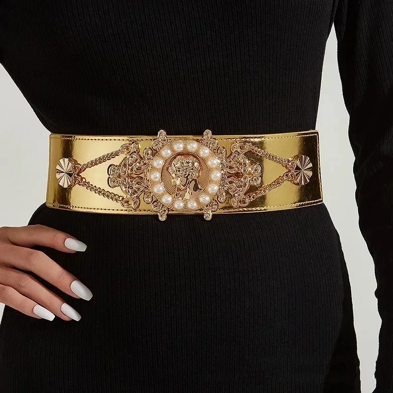2026 Neue Damen Perlen Modischer Goldener Breiter Taillengürtel Kleid-Dekoration Elastische Taillengürtel für Frauen Luxus Designer Marke