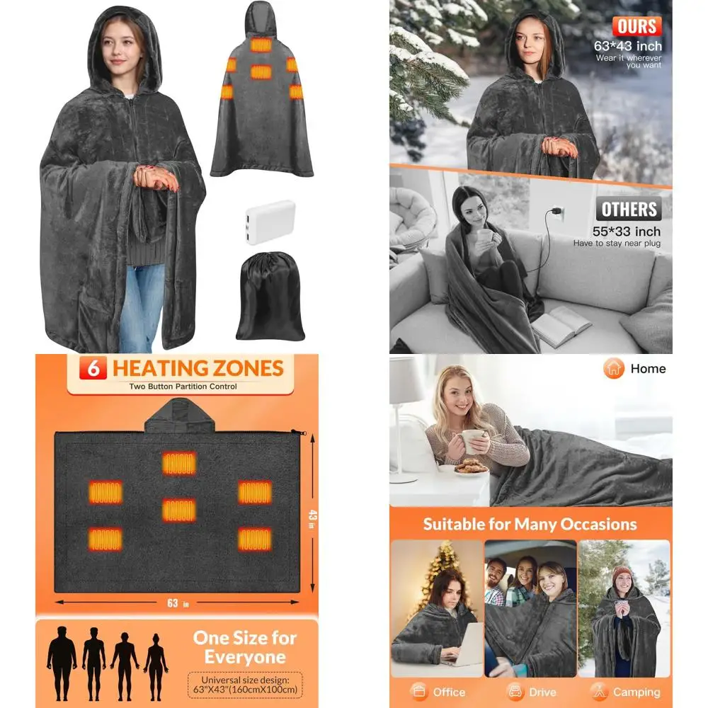 

Portable Rechargeable Heated Blanket with Hoodie, 3 Temperature Settings, 10000mAh Battery, Ideal for Outdoor, Camping, Office U