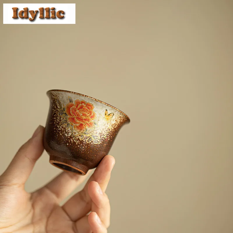 

2pc/lot Wood-fired Porcelain Peony Teacup Retro Tea Bowl Sample Tea Cup Tea-tasting Personal Cup Chazhan Master Cups Cha 50ml