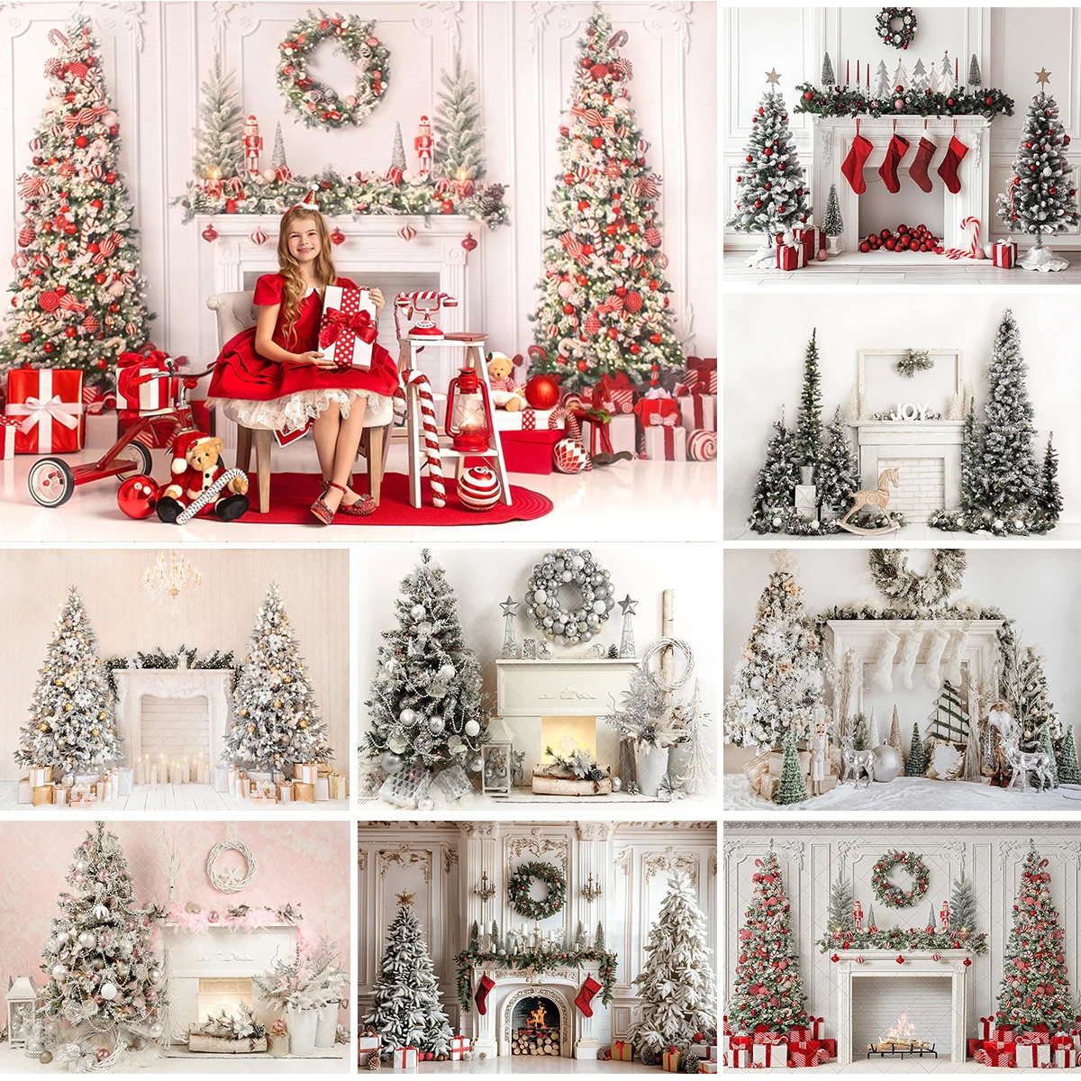 

Christmas Stocking Fireplace Photography Backdrop Kids Family Portrait Background Xmas Tree Photo Studio Props Stone House