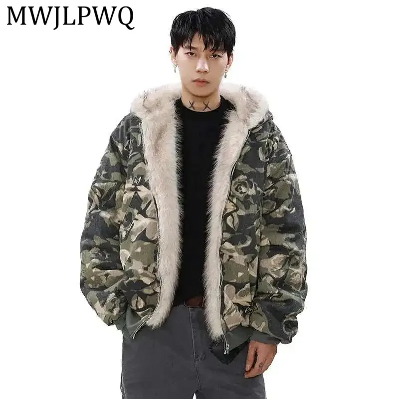 

MWJLPWQ Men's Tide Camouflage Fur Hooded Quilted Padded Jacket Splicing High Street Short Bomber Winter Cotton-Padded Coat 16495