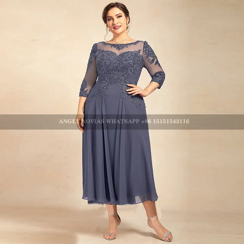 

Plus Size Tea Length Navy Blue Mother of the Bride Dress for Wedding Party Dress vestido madre del novio largo y elegante