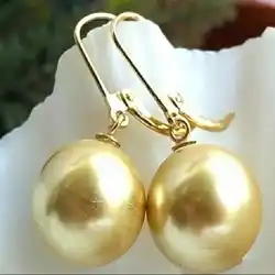 Fashion round shell pearl 14k yellow gold Handmade earrings Beautiful  Mother's Day Wedding New Year Easter CARNIVAL