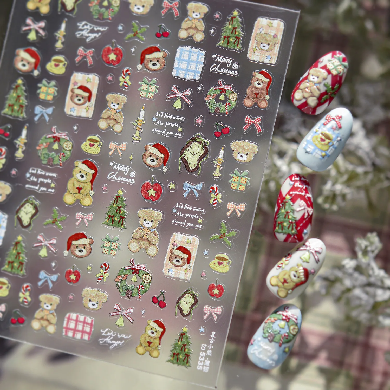 Pegatinas 3D para uñas, guirnalda navideña, árbol, oso, bola de cristal, Papá Noel, copos de nieve, lazo, decoración artística de uñas de invierno, pegatinas