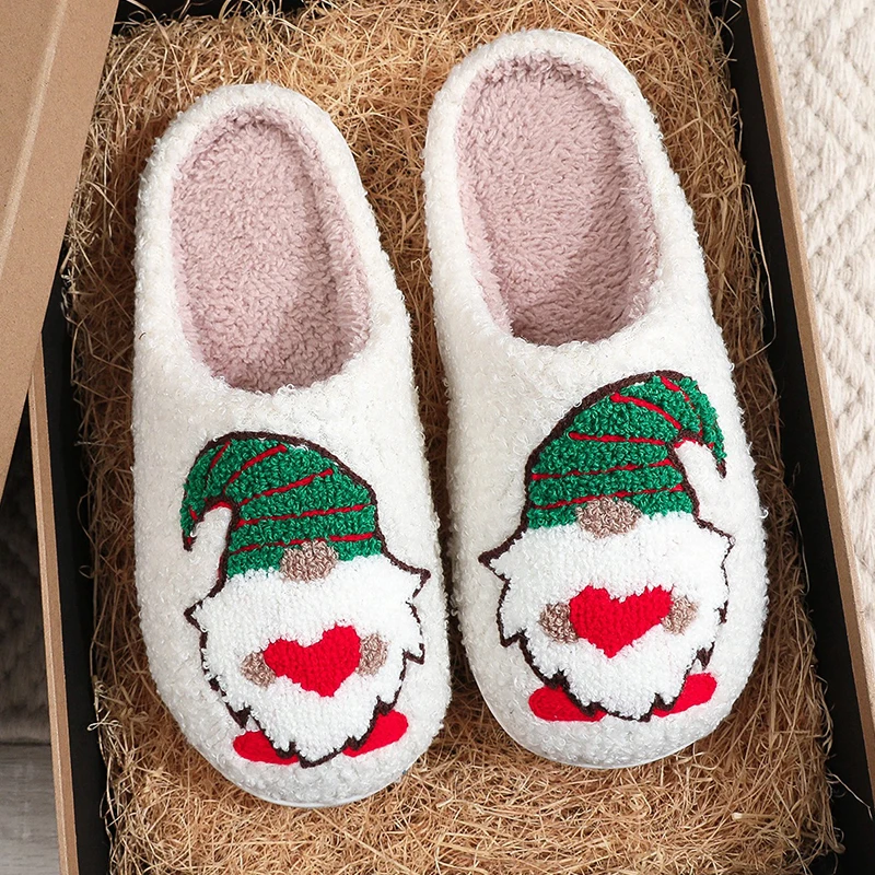 Winter Christmas Cartoon Dwarf Cotton Slippers for Women Mix Color Warm Plush Slides Woman Comfortable Non Slip House Shoes Lady