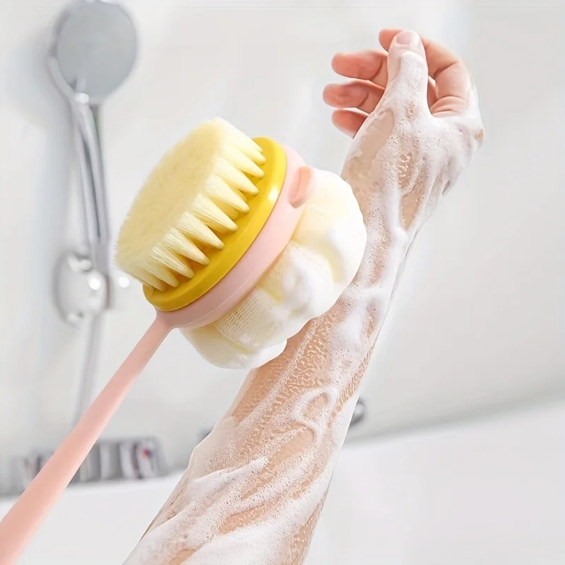 Cepillo de baño 2 en 1 de mango largo con cerdas suaves y duras, diseñado con un exfoliante de espalda exfoliante de doble cara para la ducha