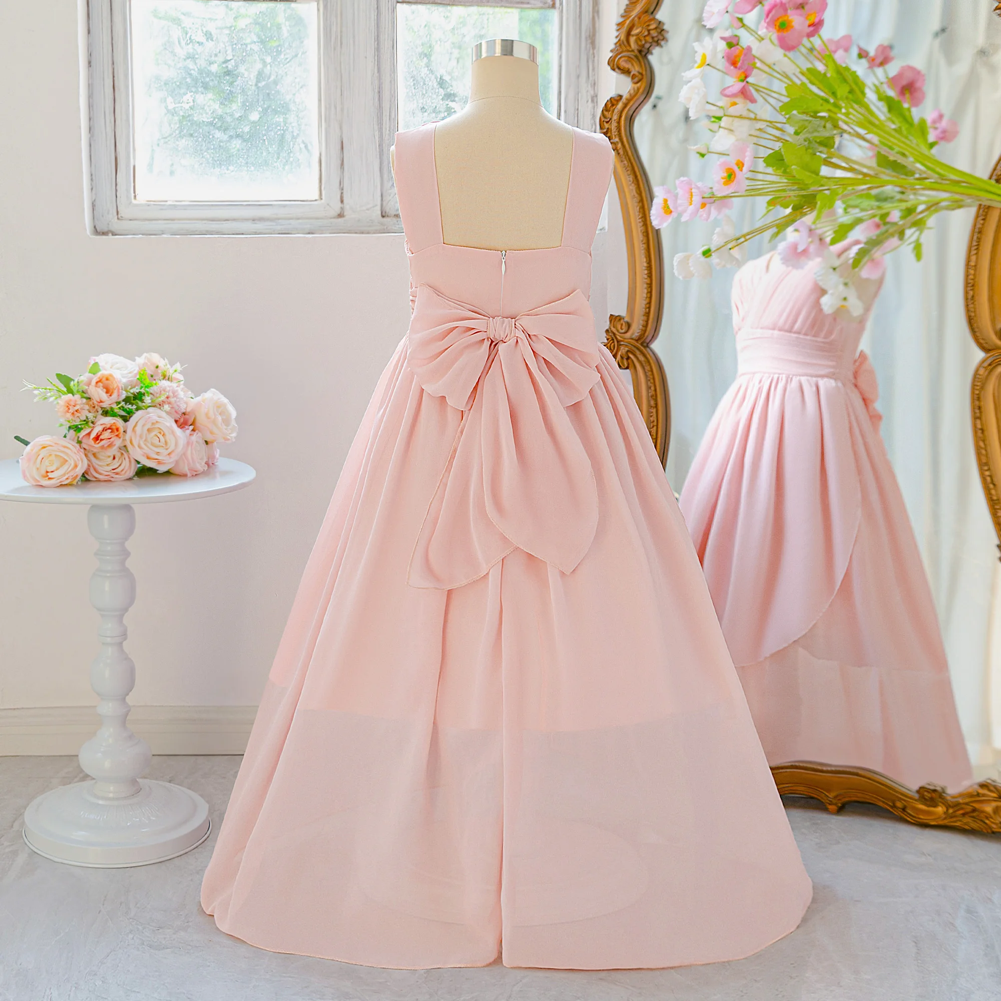 Folded Girl Bridesmaids Wedding Ball Dress Formal Pageant Party Evening Prom Gown Girls Bow Birthday Graduation Princess Dresses