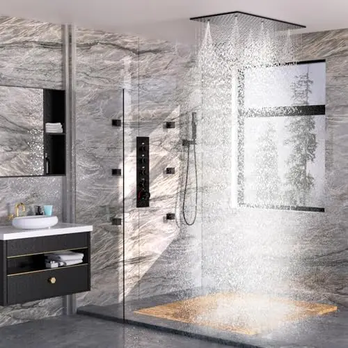 HOMEDEC Luxury Matte Black 15.7x31.5inch Multi-Function Thermostatic Shower Faucet Set Full Body Sprays Rainfall Ceiling Shower