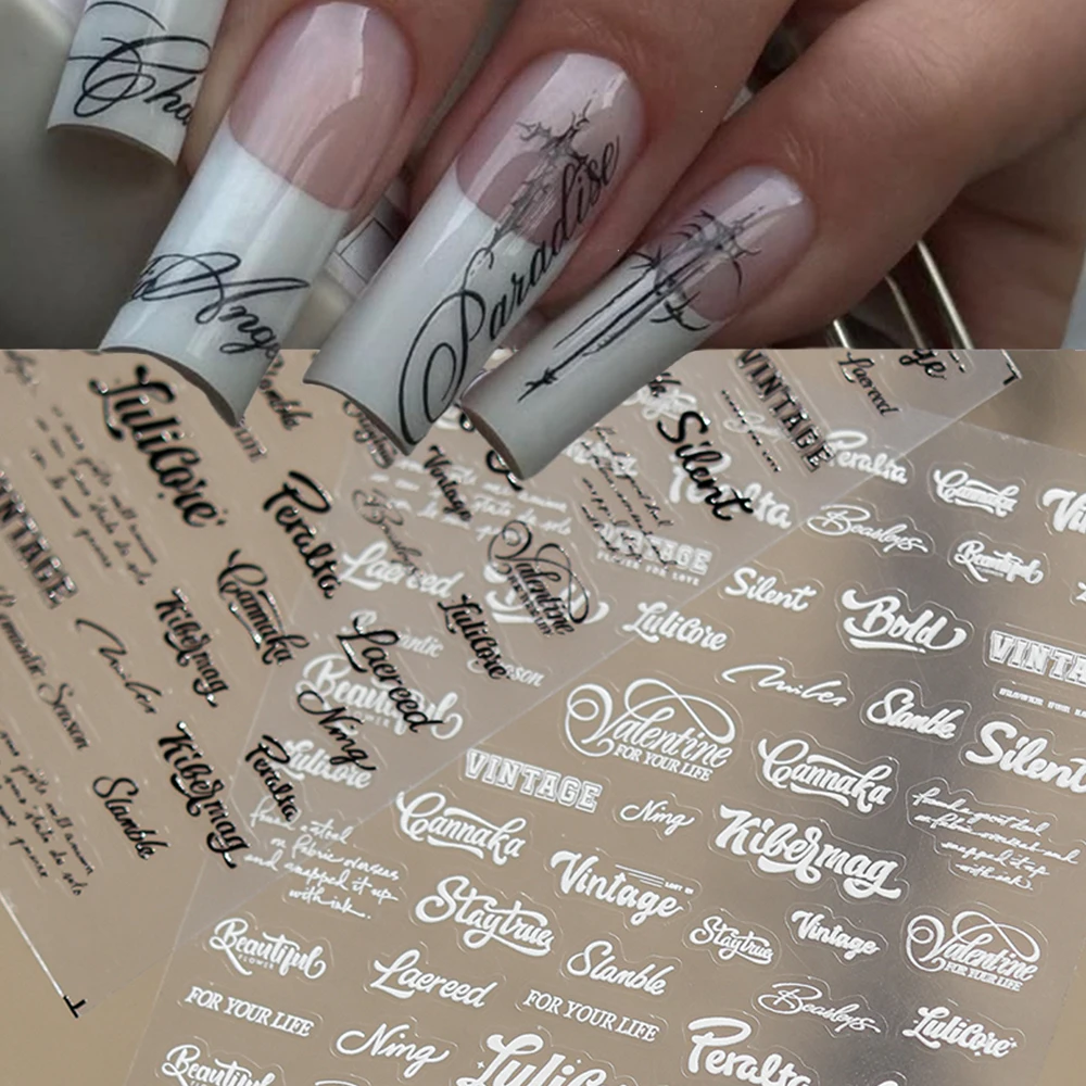 3D Black and White Letter Words Nail Stickers - Handwrite Letter Designs Cool Y2K Nail Decals Self-adhesive Minimalist Nails Art