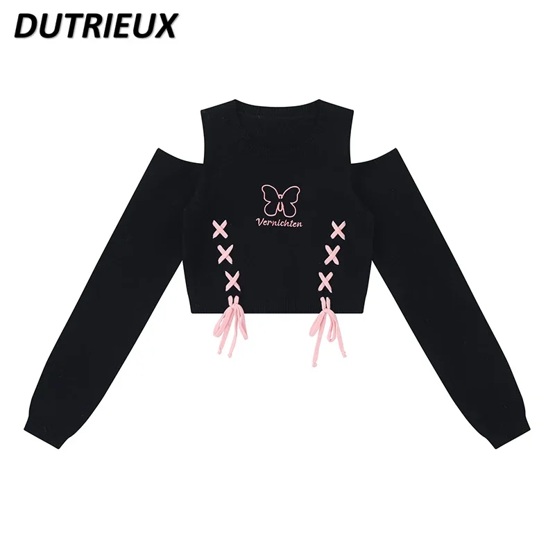 

Sweet Hot Girl Butterfly Strap off-the-Shoulder T-shirt Female Spring Autumn Slim Fit Slimming Niche Unique Short Top Fashion