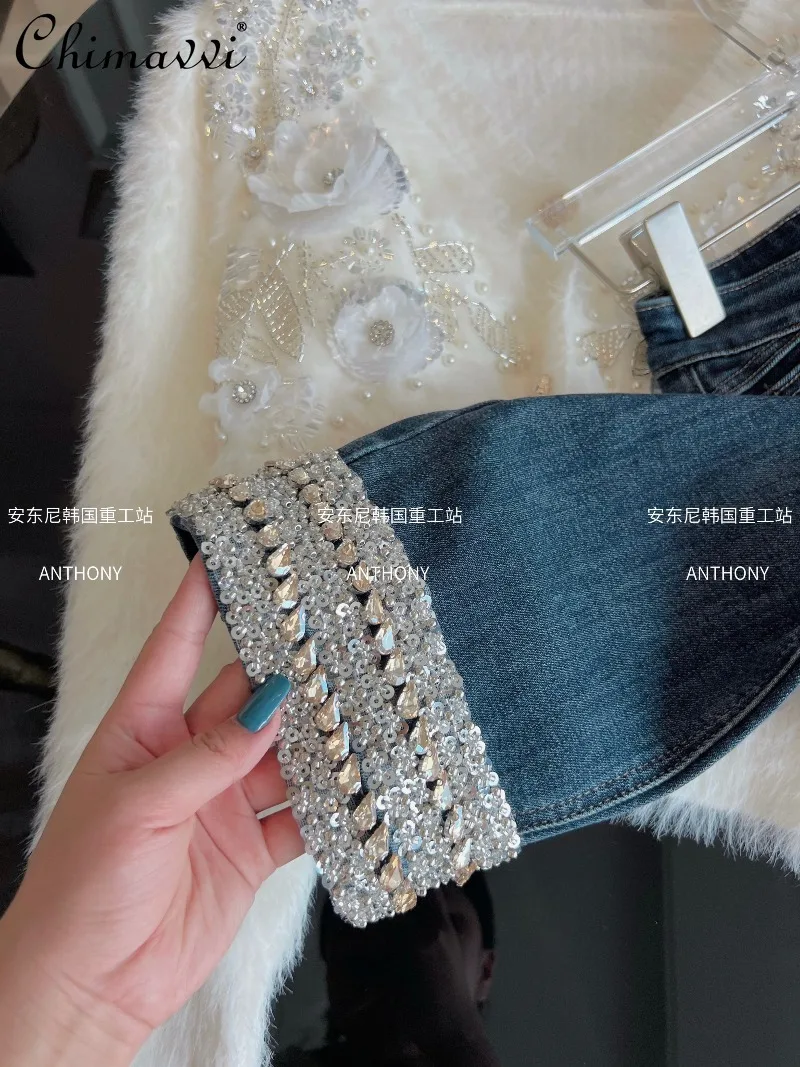 Vintage Style Elegant Cigarette Jeans Women's Fashion Autumn New Fashion High Waist Slim Heavy Rhinestone Straight Pants