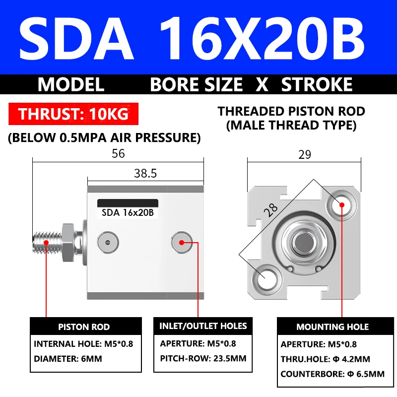 

ABILKEEN SDA16X20B Тонковоздушный цилиндр серии SDA 16 мм с наружной резьбой, диаметр цилиндра 20 мм, ход двойного действия, пневматический компактный цилиндр