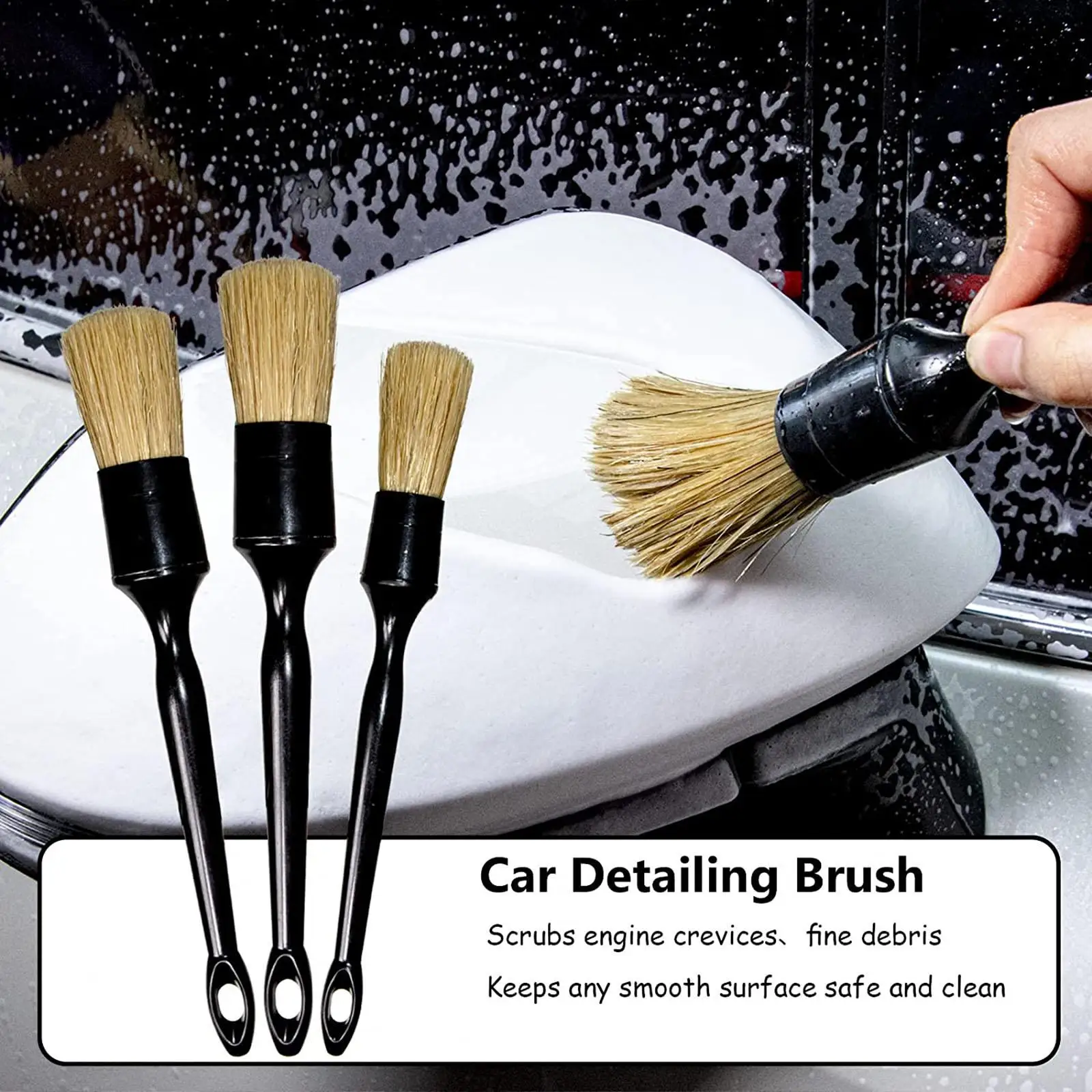 3Pcs Car Detailing Brush Set Detail Cleaner Brushes for Upholstery Interior Exterior