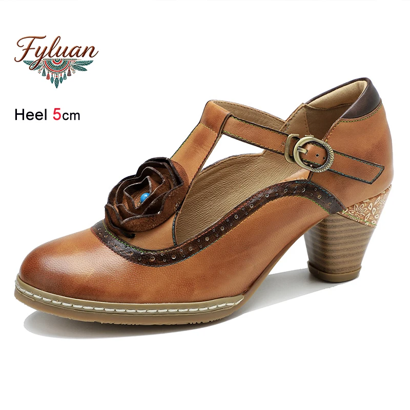 

2026﻿ Summer Brown Women's Sandals Thick Heels 5cm T-shaped Straight Strap Ankle Buckle Three-dimensional Flowers Bohemian Shoes