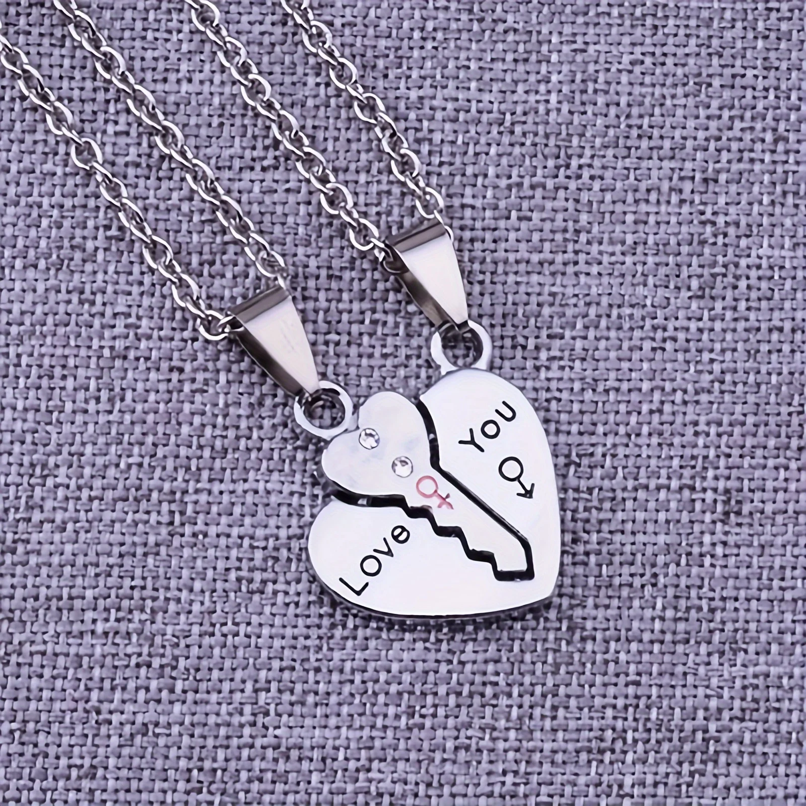 A Set of Two Minimalist Creative Heart-Shaped Key Pendant 'Love You' Couple Necklaces, Symbolizing Friendship, Commitment and Lo