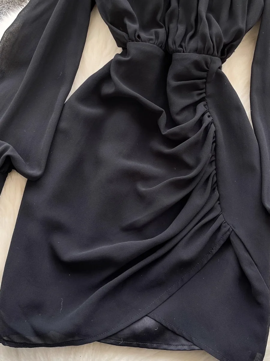 Foamlina Diamond-Encrusted Neck Off-Shoulder Chiffon Dress Female Elegant Celebrity Long Sleeve Pleated Split Bodycon Dresses