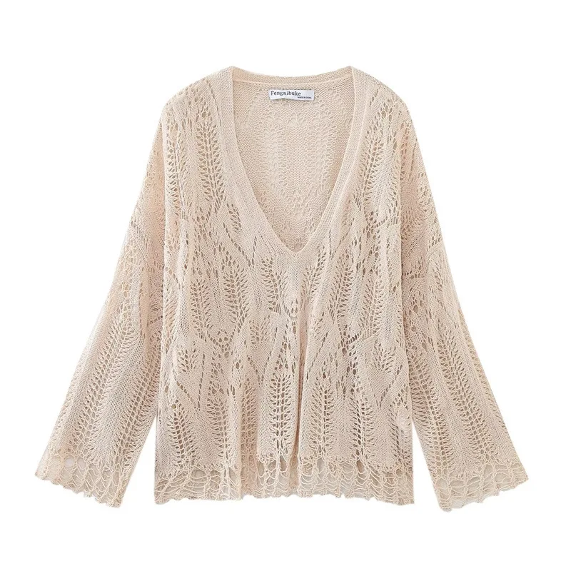 Girly Style Fresh Fringed Sweater Summer V-neck Fashion Hollowed-out Inner Wear Loose Slimming Short Top Women Wholesale