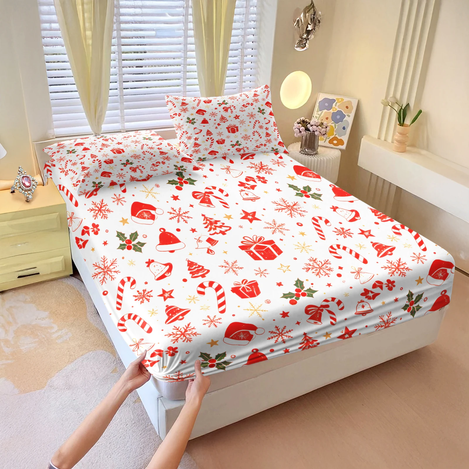 Christmas Fitted Sheet Set Retro Xmas Print Elastic Mattress Cover with Pillowcase Santa Hat Gift Bell Candy Holiday Bedding Set