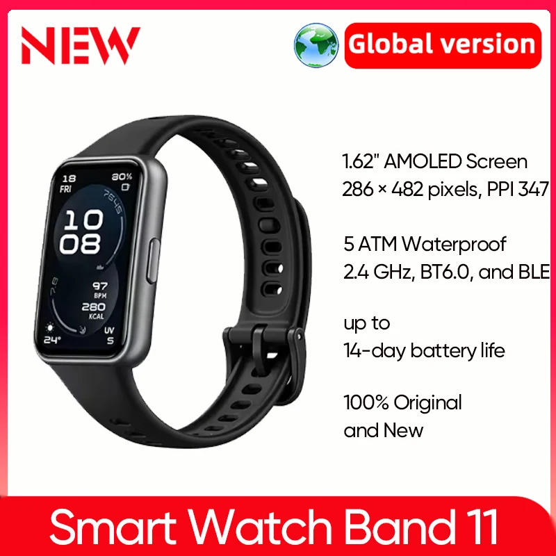 Versão Global do Smart Watch Huawei Band 11, Pulseira Inteligente com Tela AMOLED de 1.62'', Monitor de Frequência Cardíaca