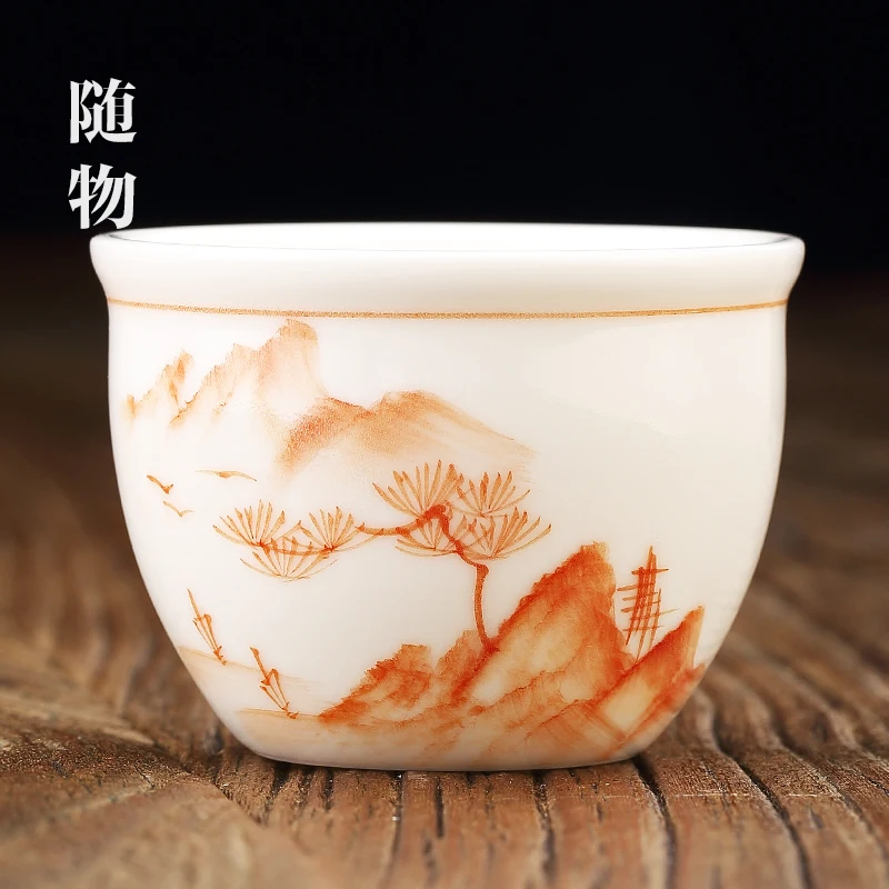 

Alum Red Hand-painted SheepSkin Jade Master CeramiC Personal Cup, Jingdezhen White Porcelain Kung Fu Tea Cup