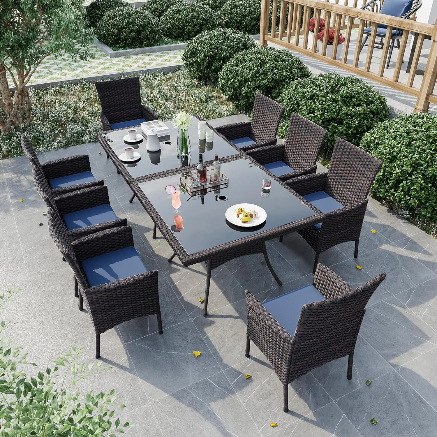 Indoor/Outdoor Dining Table Set,Garden Patio Rattan Set with Tempered Glass Tabletop with Removable Cushions and Umbrella Cutout