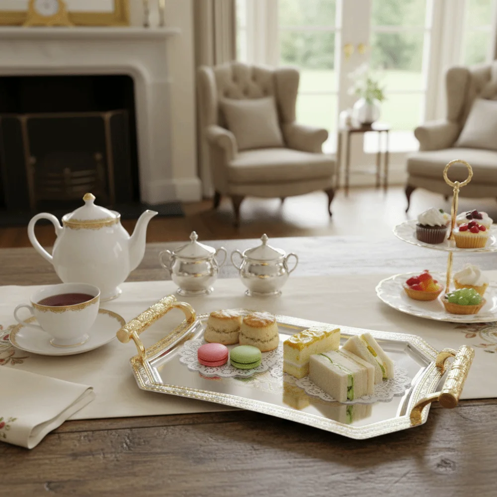 

European Style Stainless Steel Storage Tray Vintage Delicate Pattern Candy Dessert Plates with Handle Fruit Tray Weddings